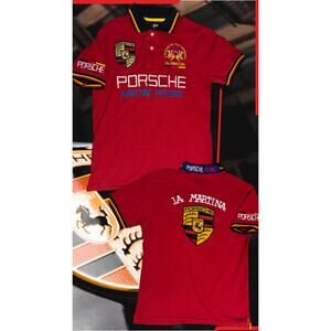 LA MARTINA Porsche Polo Team Mens Red Embroidered Racing Shirt Medium 18x24
